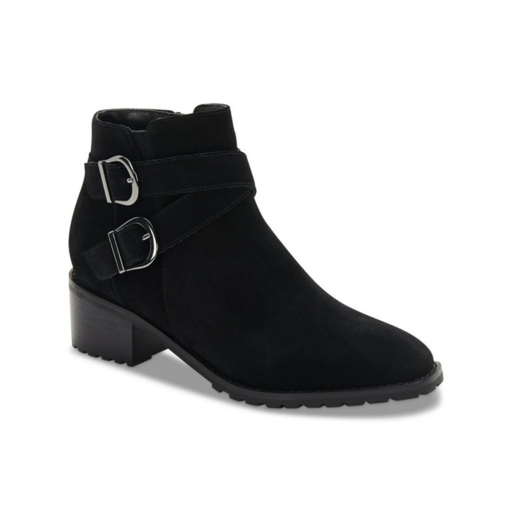 AQUA COLLEGE Womens Black Suede Buckled Strap Heel Zip-Up Suede Booties Size 6.5